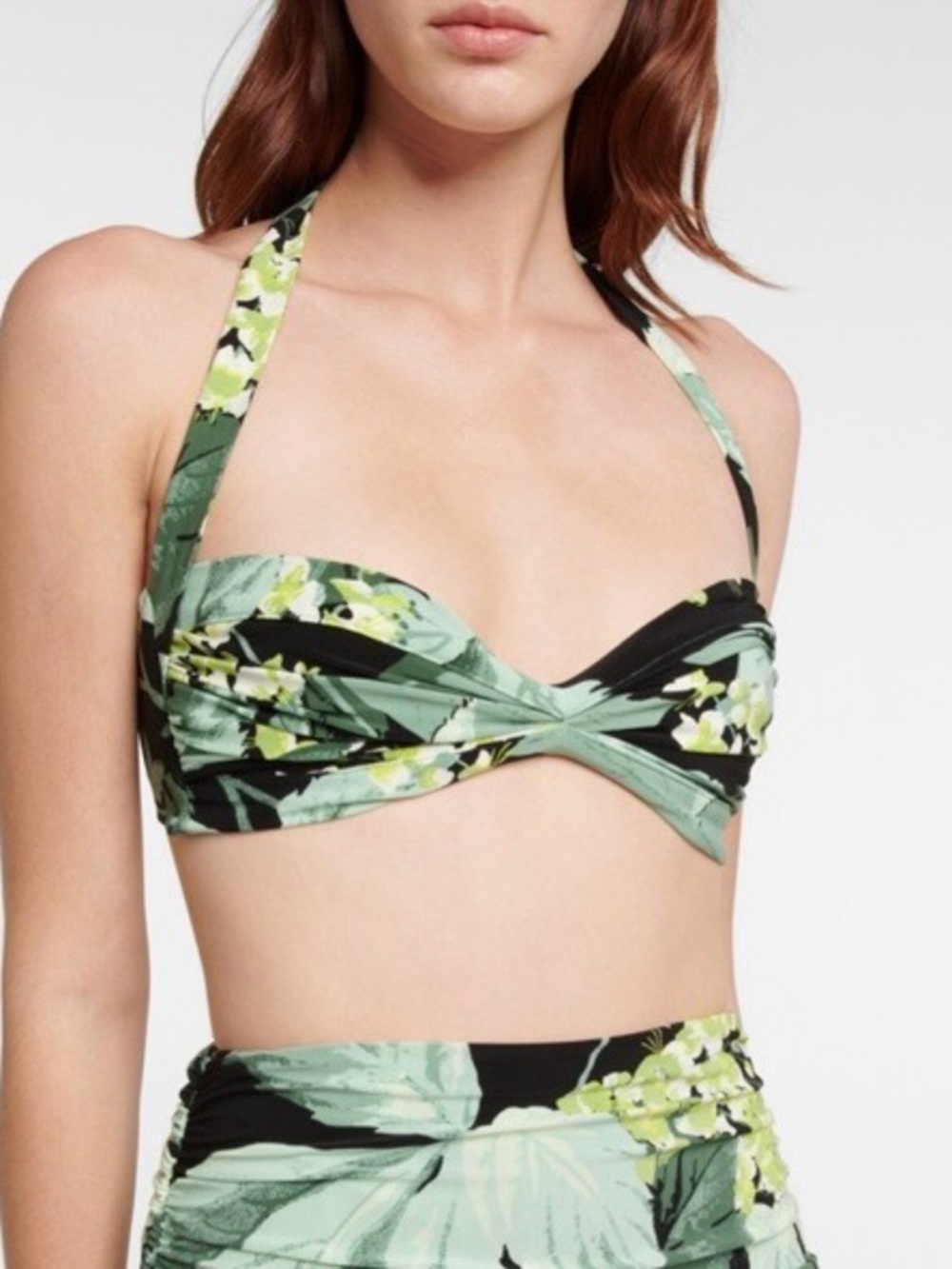 Norma Kamali Black and Green Floral Twist Bandeau Bikini Top with Halter
